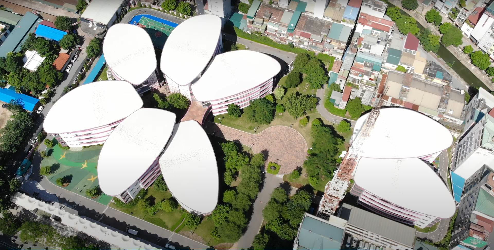 A panoramic view of the school from above.